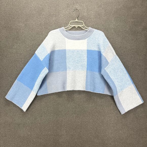 Jessica Simpson Sweater womens Large Blue Cropped Check Soft Oversized - Picture 1 of 15